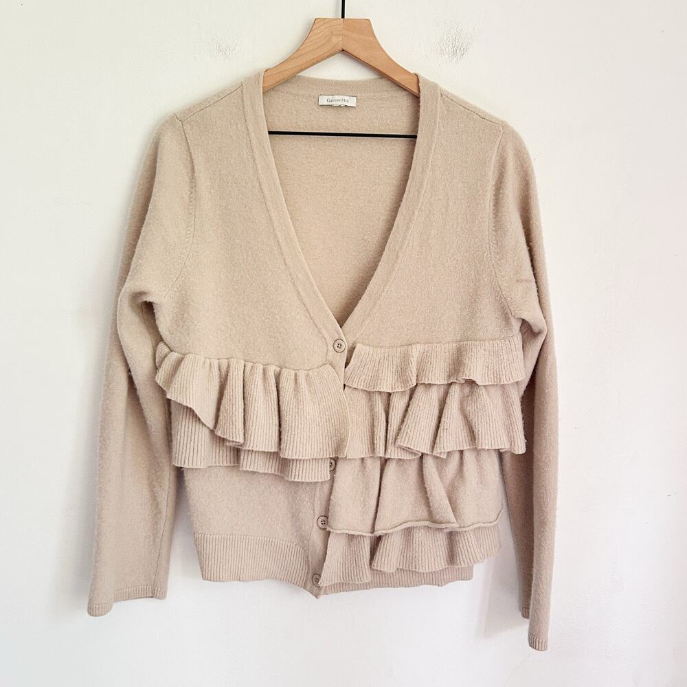 Garnet Hill Wool Ruffle Button Up Long Sleeve Cardigan Sweater Size M Cream